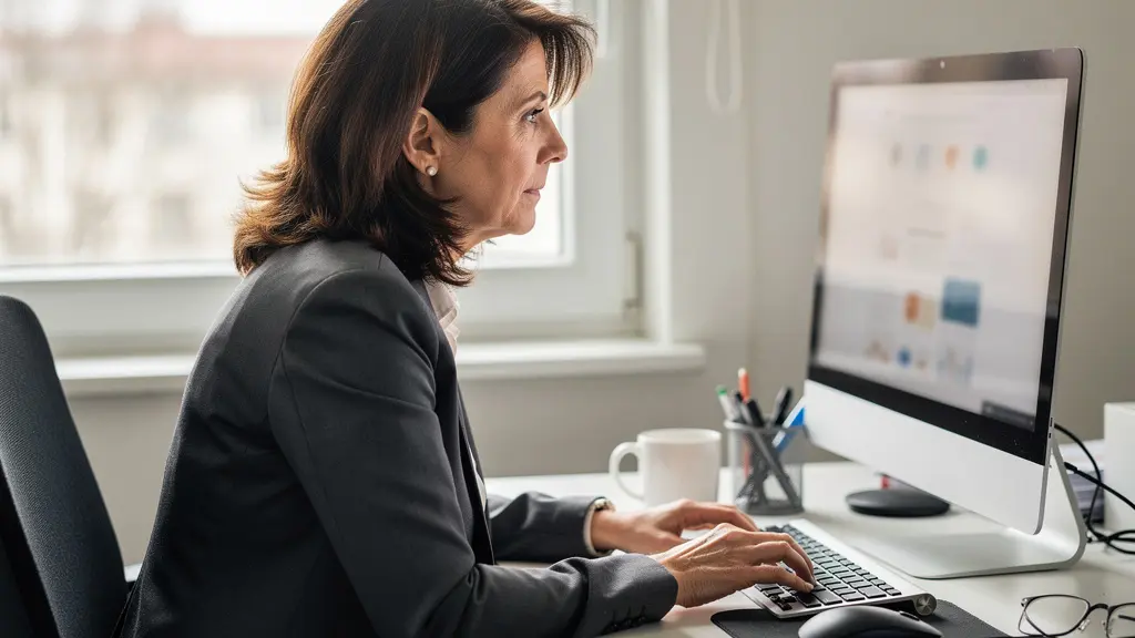 Dirigeante PME consultant des informations sur écran pour évaluer un prestataire télécom