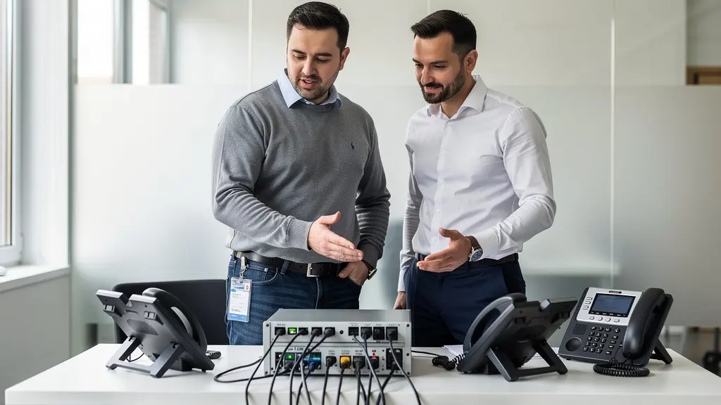 Technicien télécom expliquant un équipement à un dirigeant d'entreprise