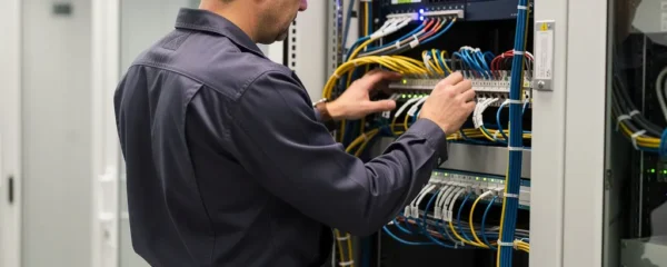 Technicien télécom inspectant une baie de brassage dans un local technique d'entreprise