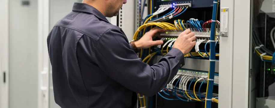 Technicien télécom inspectant une baie de brassage dans un local technique d'entreprise