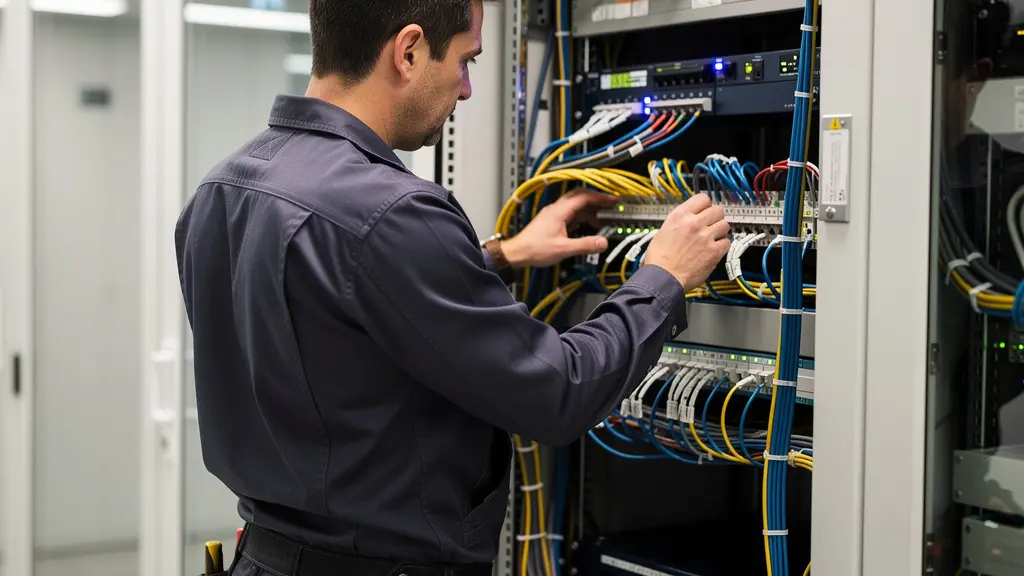 Technicien télécom inspectant une baie de brassage dans un local technique d'entreprise