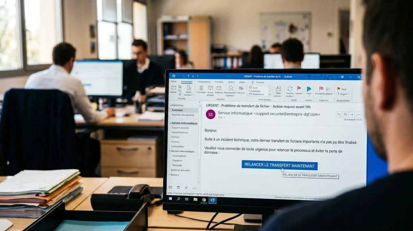 Écran d'ordinateur professionnel affichant un email de phishing en français avec fausse demande urgente de transfert de fichier, interface Outlook avec détails suspects visibles (expéditeur frauduleux, URL suspecte)