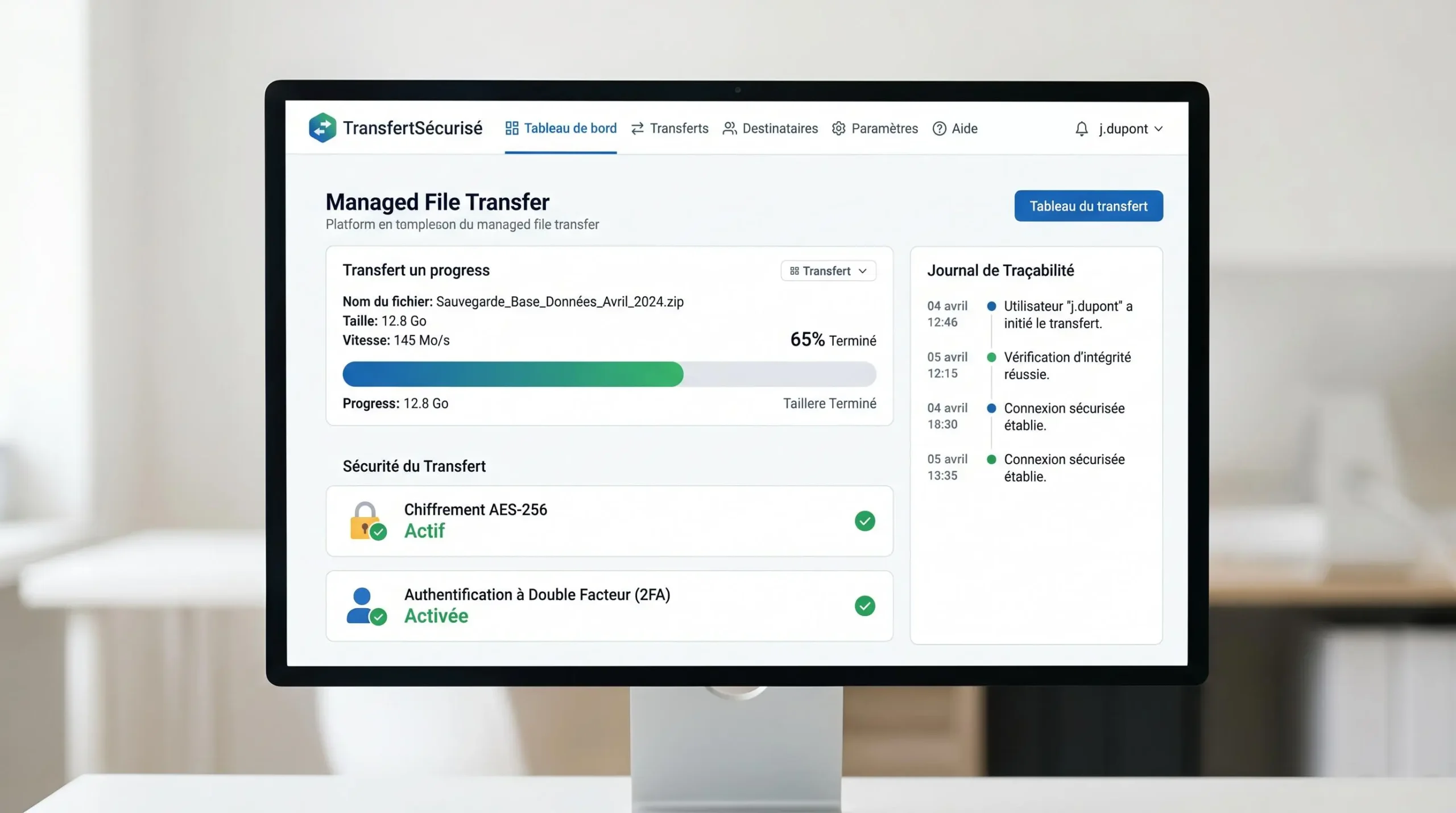 Interface web professionnelle en français d'une plateforme MFT certifiée montrant un transfert de fichier volumineux en cours avec indicateurs de chiffrement AES-256, authentification 2FA active et traçabilité complète affichée