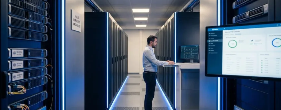 Technicien RSSI dans une salle serveur moderne française consultant un tableau de bord de monitoring de transferts de fichiers sécurisés sur écran professionnel, avec baies de stockage certifiées et architecture réseau visible en arrière-plan